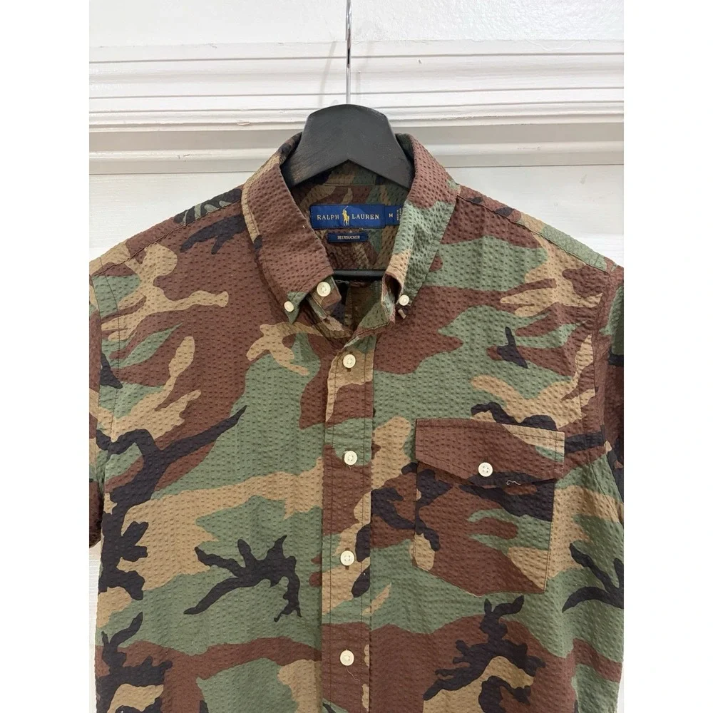 Ralph Lauren Polo Seersucker Camo Shirt Button Down Men Sz M Slim Fit Military